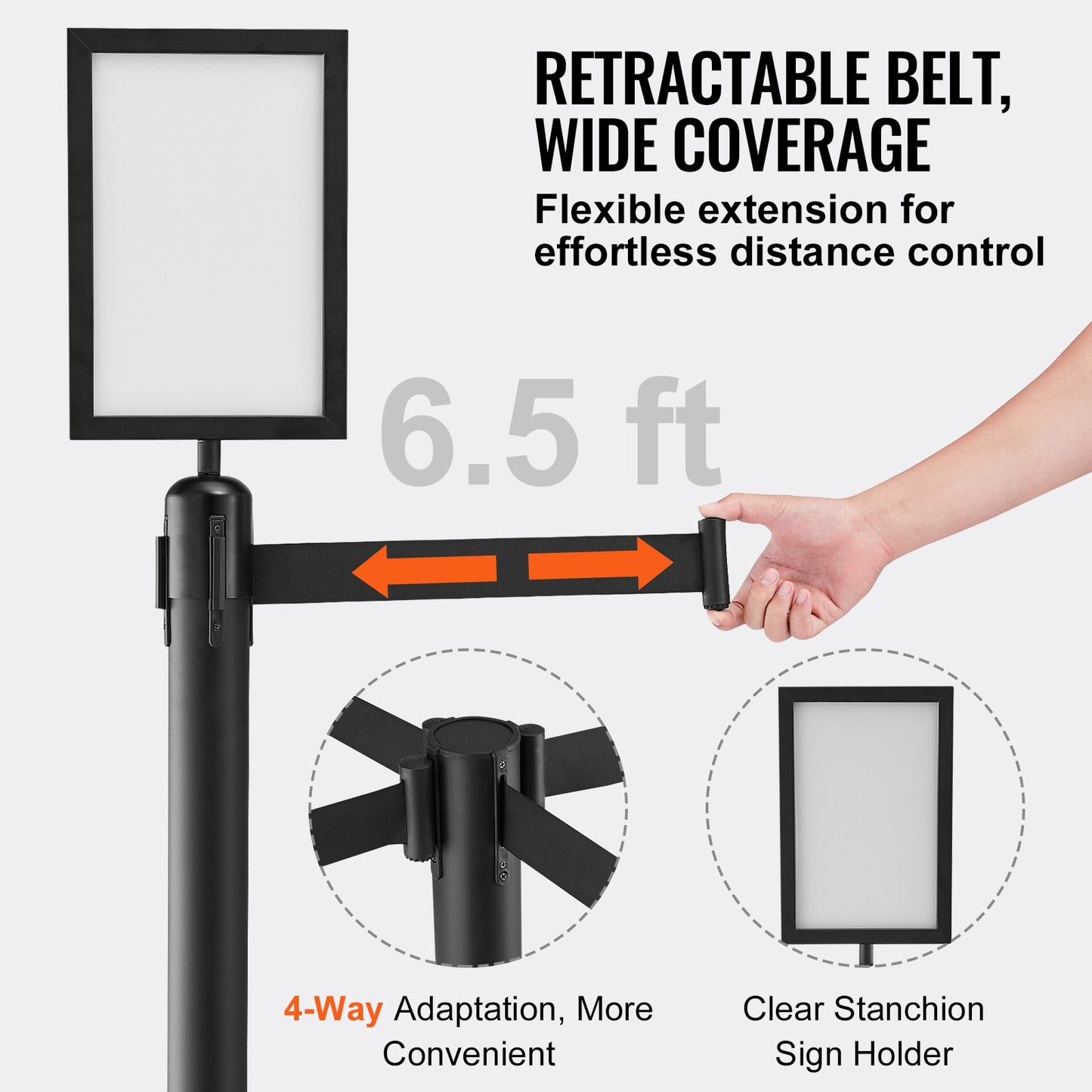 Crowd Control Posts, 6-Pack Crowd Control Barriers, Carbon Steel Baking Painted Pole Queue Post with Sign Holder &amp; 3 PCS 6.5 FT Retractable Belt, Belt Barrier Line Divider, Easy Assembly