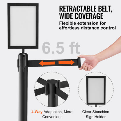 Crowd Control Posts, 6-Pack Crowd Control Barriers, Carbon Steel Baking Painted Pole Queue Post with Sign Holder &amp; 3 PCS 6.5 FT Retractable Belt, Belt Barrier Line Divider, Easy Assembly