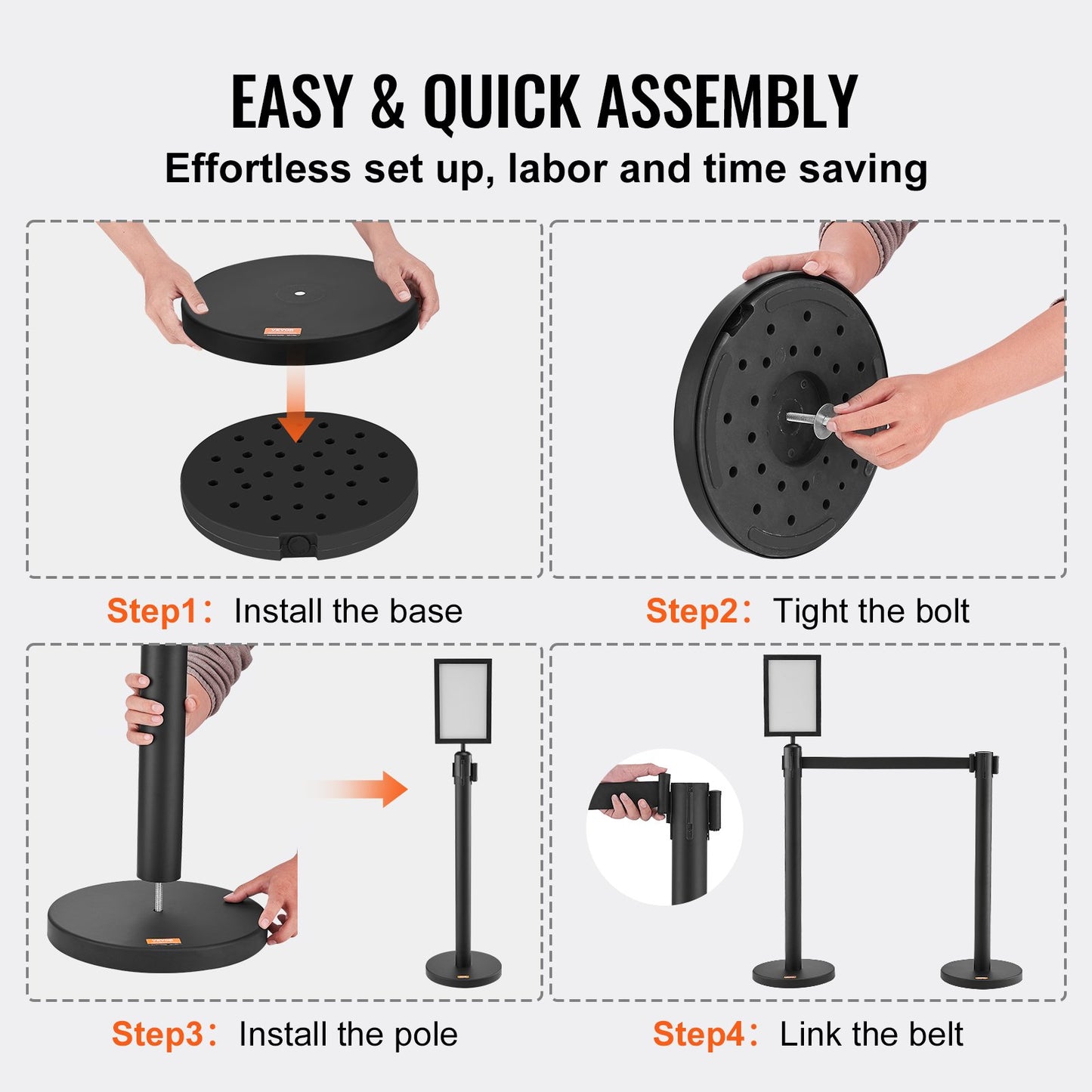 Crowd Control Posts, 6-Pack Crowd Control Barriers, Carbon Steel Baking Painted Pole Queue Post with Sign Holder &amp; 3 PCS 6.5 FT Retractable Belt, Belt Barrier Line Divider, Easy Assembly