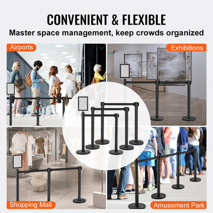 Crowd Control Posts, 6-Pack Crowd Control Barriers, Carbon Steel Baking Painted Pole Queue Post with Sign Holder &amp; 3 PCS 6.5 FT Retractable Belt, Belt Barrier Line Divider, Easy Assembly