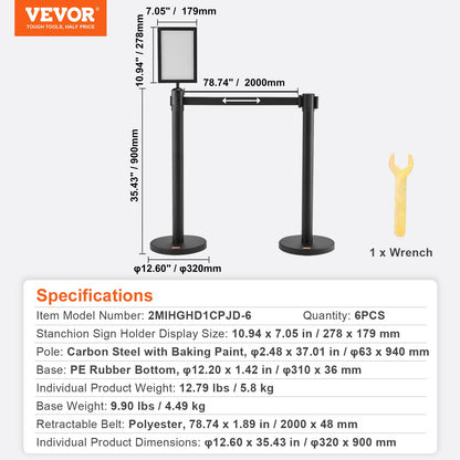 Crowd Control Posts, 6-Pack Crowd Control Barriers, Carbon Steel Baking Painted Pole Queue Post with Sign Holder &amp; 3 PCS 6.5 FT Retractable Belt, Belt Barrier Line Divider, Easy Assembly