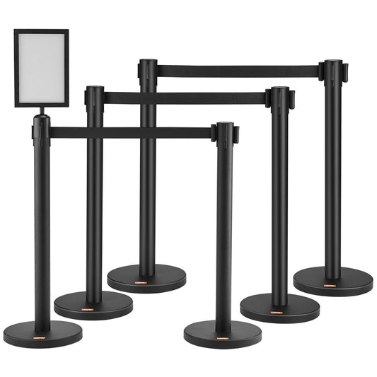 Crowd Control Posts, 6-Pack Crowd Control Barriers, Carbon Steel Baking Painted Pole Queue Post with Sign Holder &amp; 3 PCS 6.5 FT Retractable Belt, Belt Barrier Line Divider, Easy Assembly
