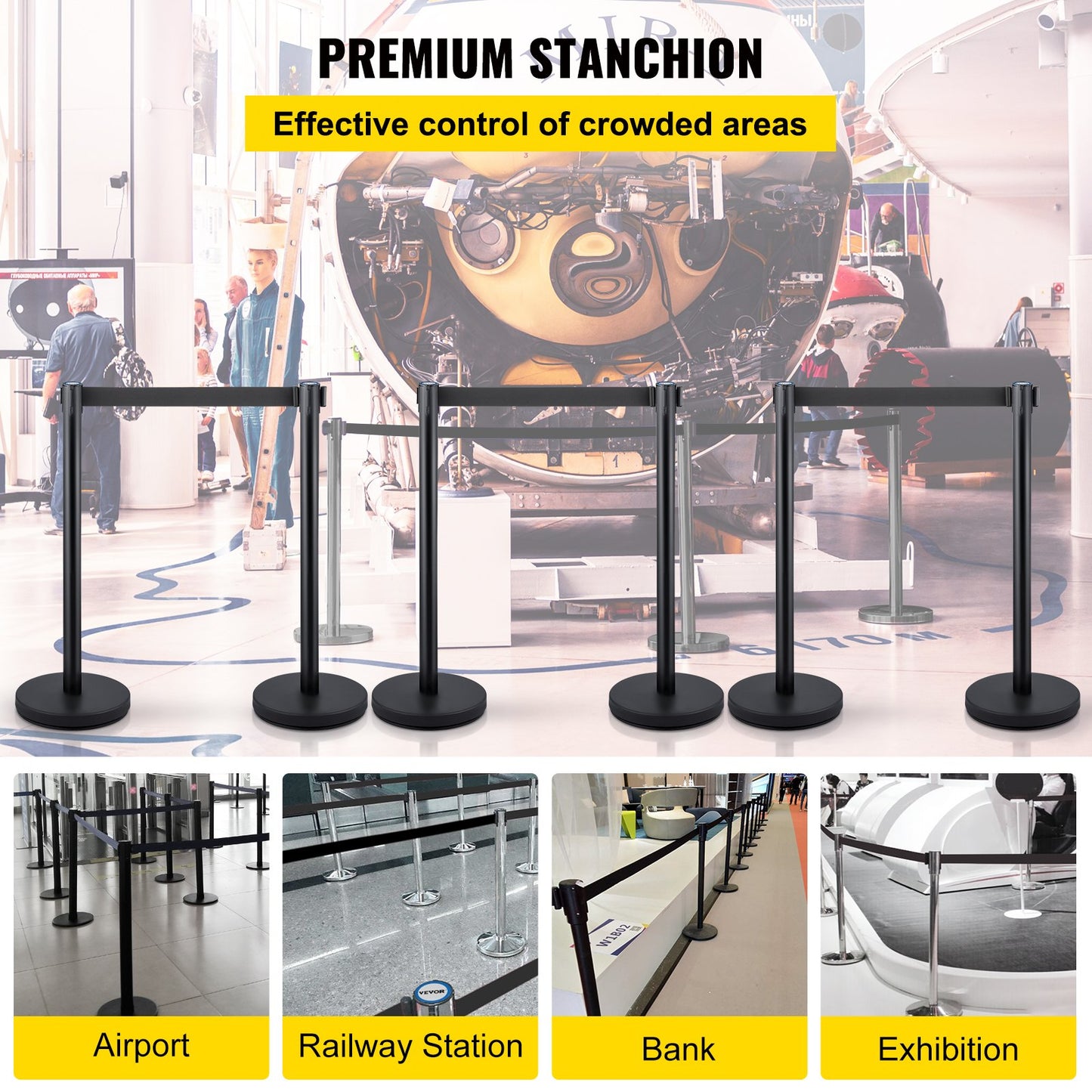 6PCS Black Belt Stanchion Queue Posts Tripod Rope Retractable Audience Barrier