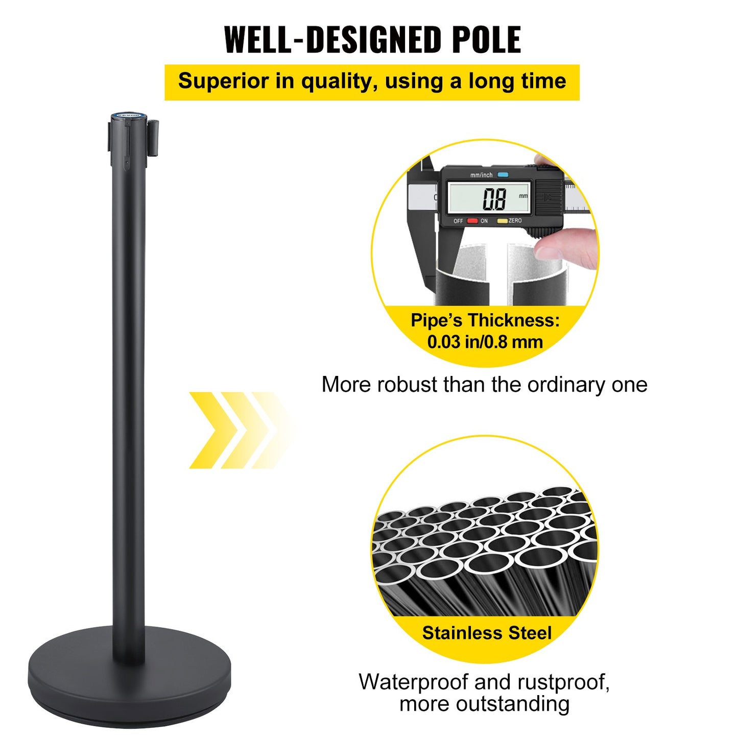 6PCS Black Belt Stanchion Queue Posts Tripod Rope Retractable Audience Barrier