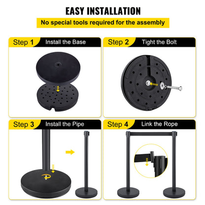 6PCS Black Belt Stanchion Queue Posts Tripod Rope Retractable Audience Barrier