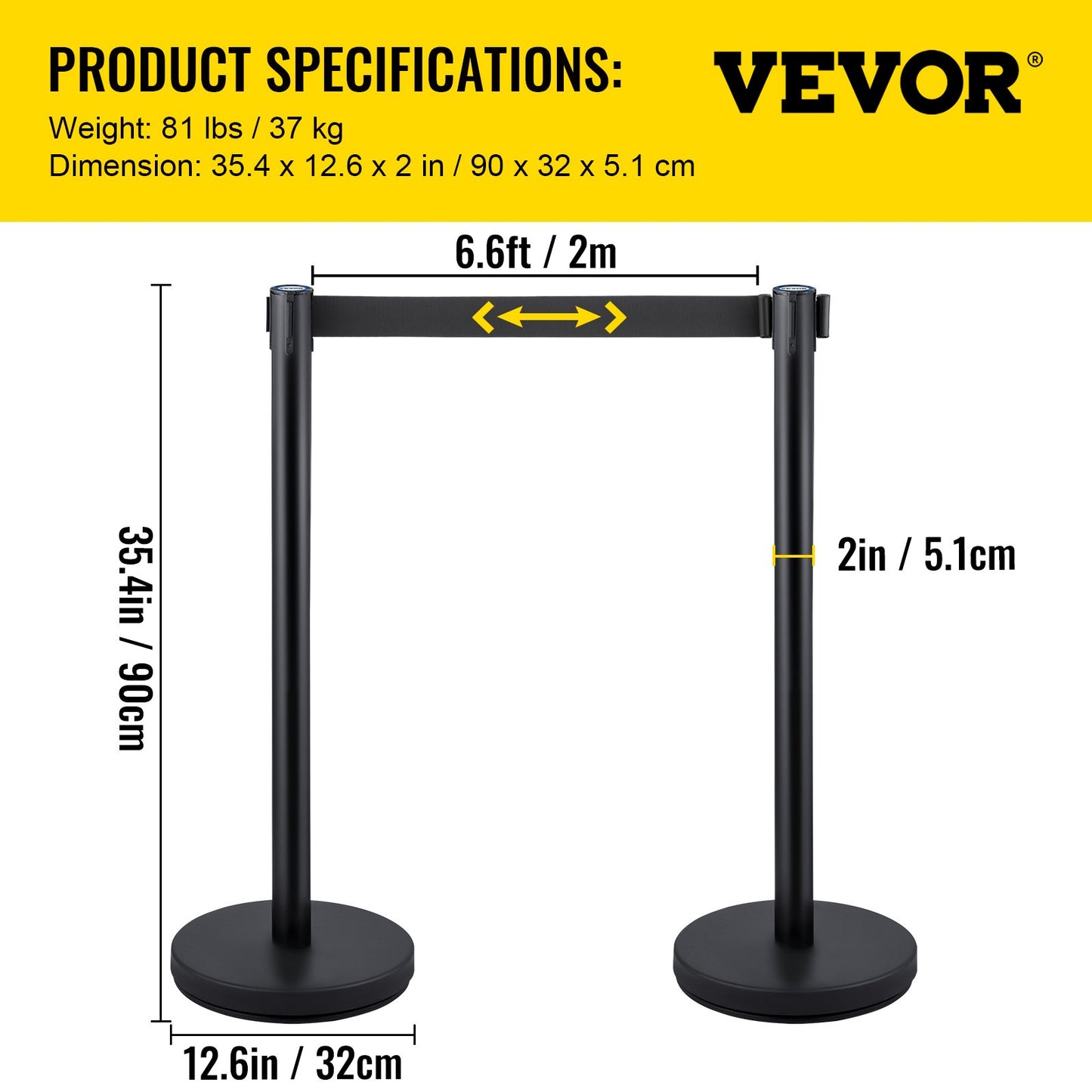 6PCS Black Belt Stanchion Queue Posts Tripod Rope Retractable Audience Barrier