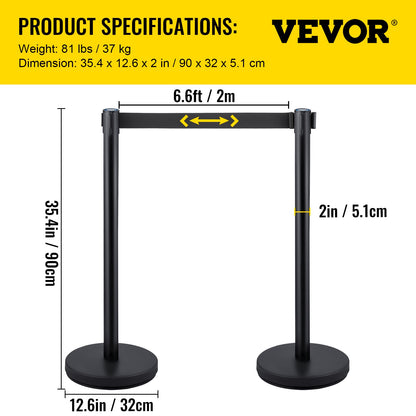 6PCS Black Belt Stanchion Queue Posts Tripod Rope Retractable Audience Barrier