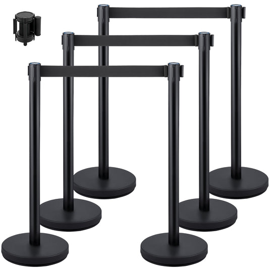 6 STK Svartbälte Stanchion köstolpar Stativ rep Infällbar publikbarriär