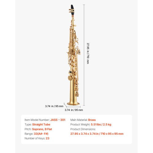 Gold Mässing Rak Sopransaxofon B Flat Sax med Munstycke |  EU