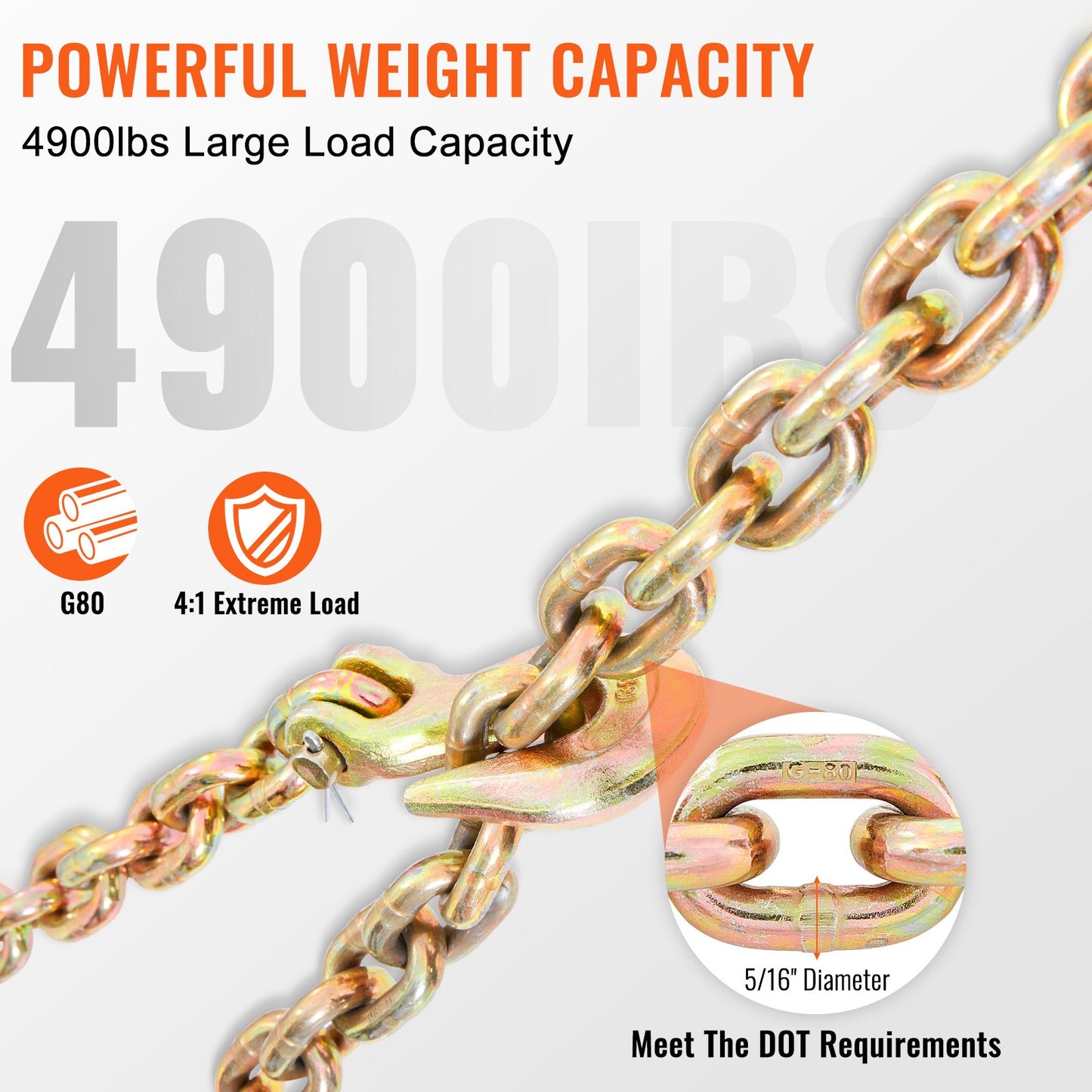 Transport Binder Chain, 4900 lbs Working Load Limit, 5/16'' x 20' G80 Drag Chain Anchored with Grapple Hooks, DOT Certified, Galvanized Coating Manganese Steel for Dock Factory Construction Site