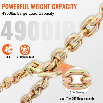 Transport Binder Chain, 4900 lbs Working Load Limit, 5/16'' x 20' G80 Drag Chain Anchored with Grapple Hooks, DOT Certified, Galvanized Coating Manganese Steel for Dock Factory Construction Site