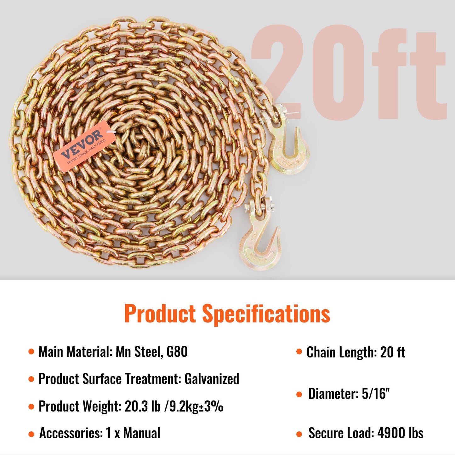 Transport Binder Chain, 4900 lbs Working Load Limit, 5/16'' x 20' G80 Drag Chain Anchored with Grapple Hooks, DOT Certified, Galvanized Coating Manganese Steel for Dock Factory Construction Site