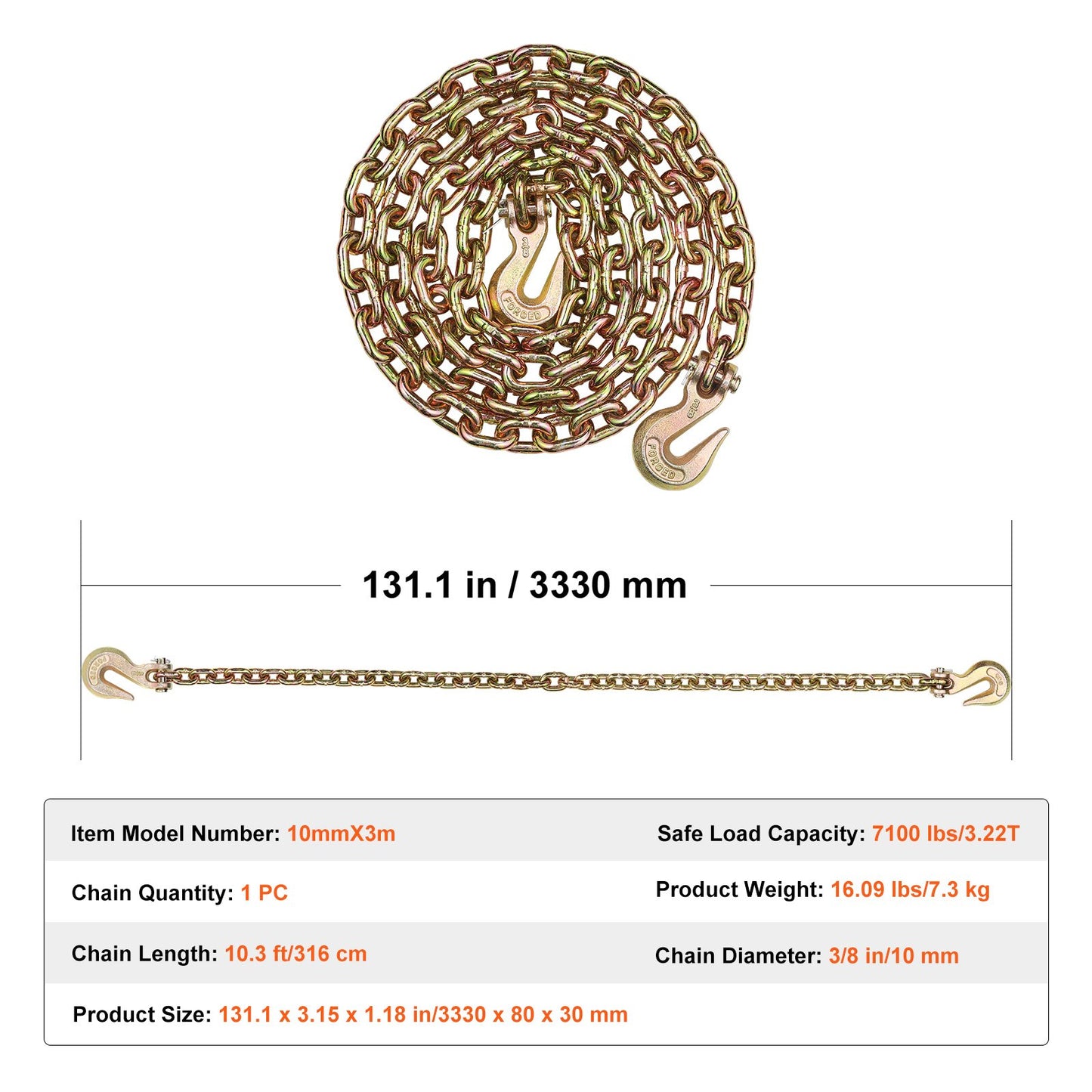 Binder Chain G80 Tie Down Dragkedja med två krokar 3/8" x 10,3' 7100 lbs