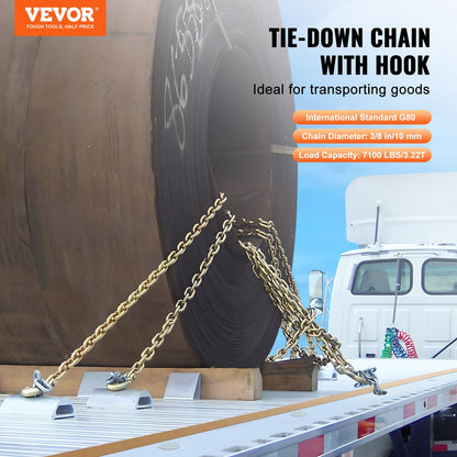 Binder Chain G80 Tie Down Zip Tie Down with Hooks 3/8"x10.3' 2 Pack 7100 lbs