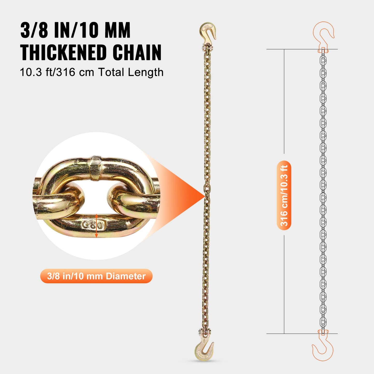 Binder Chain G80 Tie Down Zip Tie Down with Hooks 3/8"x10.3' 2 Pack 7100 lbs