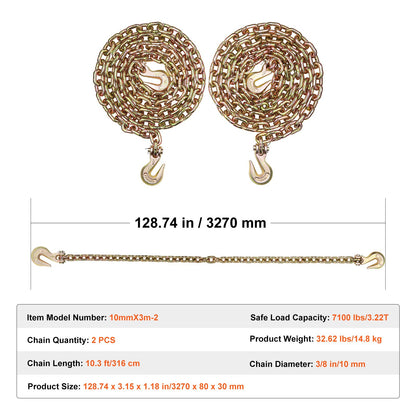 Binder Chain G80 Tie Down Zip Tie Down with Hooks 3/8"x10.3' 2 Pack 7100 lbs