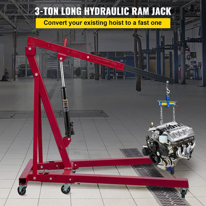 Hydraulic Long Ram Jack, 3 ton/6600 lbs capacity, with single piston pump and pin base, manual cherry picker with handle, for garage/shop cranes, engine lift, black