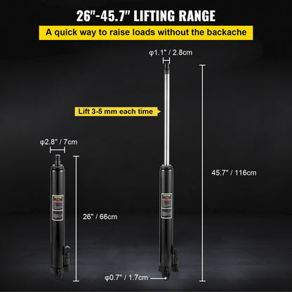 Hydraulic Long Ram Jack, 3 ton/6600 lbs capacity, with single piston pump and pin base, manual cherry picker with handle, for garage/shop cranes, engine lift, black