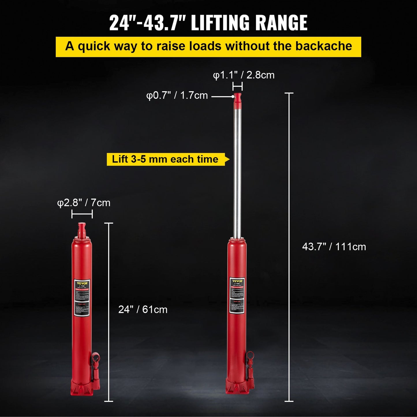 Hydraulic Long Ram Jack, 4 ton/8818 lbs kapacitet, med enkelkolvspump och platt bas, manuell körsbärsplockare med handtag, för garage/verkstadskranar, motorlyftlyft, röd