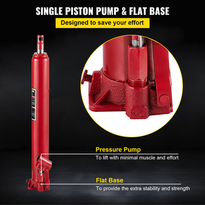 Hydraulic Long Ram Jack, 4 ton/8818 lbs kapacitet, med enkelkolvspump och platt bas, manuell körsbärsplockare med handtag, för garage/verkstadskranar, motorlyftlyft, röd