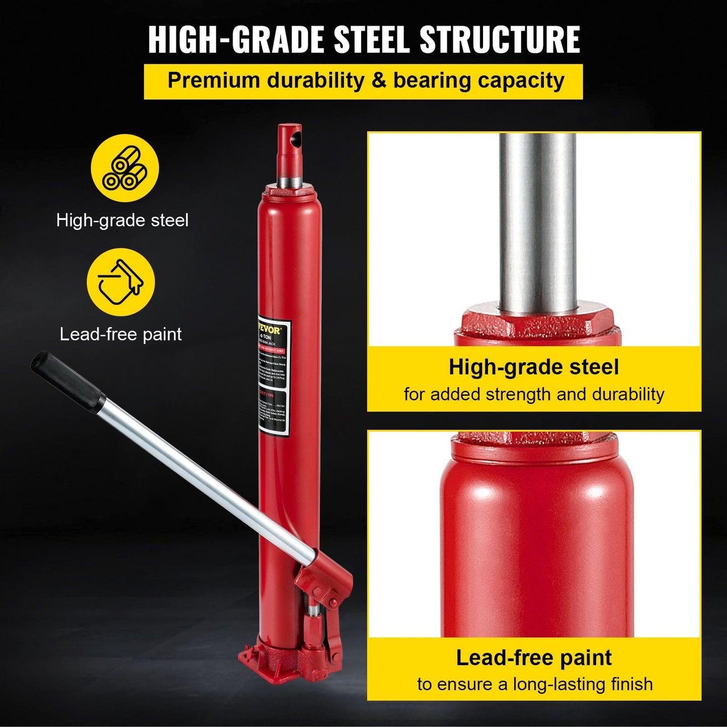 Hydraulic Long Ram Jack, 4 ton/8818 lbs kapacitet, med enkelkolvspump och platt bas, manuell körsbärsplockare med handtag, för garage/verkstadskranar, motorlyftlyft, röd