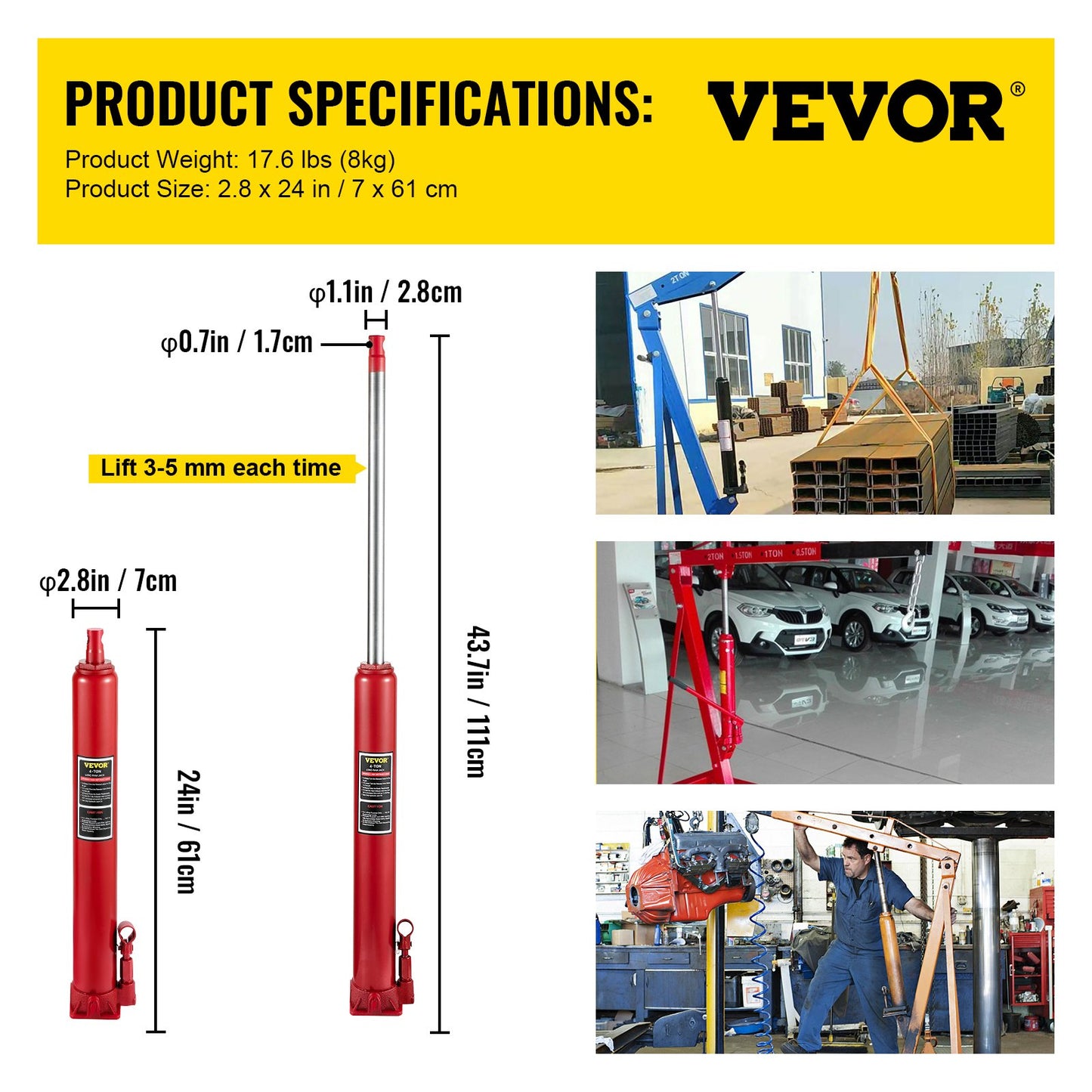 Hydraulic Long Ram Jack, 4 ton/8818 lbs kapacitet, med enkelkolvspump och platt bas, manuell körsbärsplockare med handtag, för garage/verkstadskranar, motorlyftlyft, röd