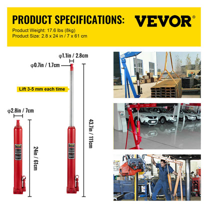 Hydraulic Long Ram Jack, 4 ton/8818 lbs kapacitet, med enkelkolvspump och platt bas, manuell körsbärsplockare med handtag, för garage/verkstadskranar, motorlyftlyft, röd