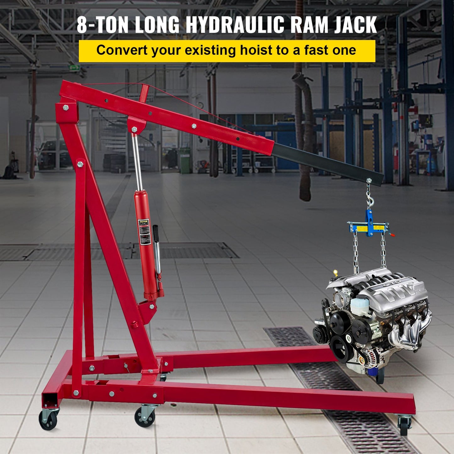 Hydraulic Long Ram Jack, 8 ton/17363 lbs capacity, with single piston pump and fork base, manual cherry picker with handle, for garage/workshop cranes, engine lift lift, red