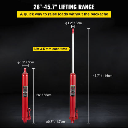 Hydraulic Long Ram Jack, 8 ton/17363 lbs capacity, with single piston pump and fork base, manual cherry picker with handle, for garage/workshop cranes, engine lift lift, red