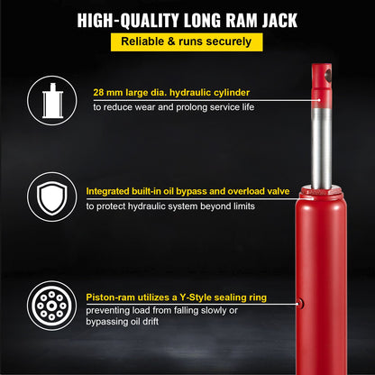 Hydraulic Long Ram Jack, 8 ton/17363 lbs capacity, with single piston pump and fork base, manual cherry picker with handle, for garage/workshop cranes, engine lift lift, red