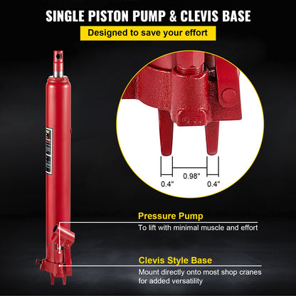 Hydraulic Long Ram Jack, 8 ton/17363 lbs capacity, with single piston pump and fork base, manual cherry picker with handle, for garage/workshop cranes, engine lift lift, red
