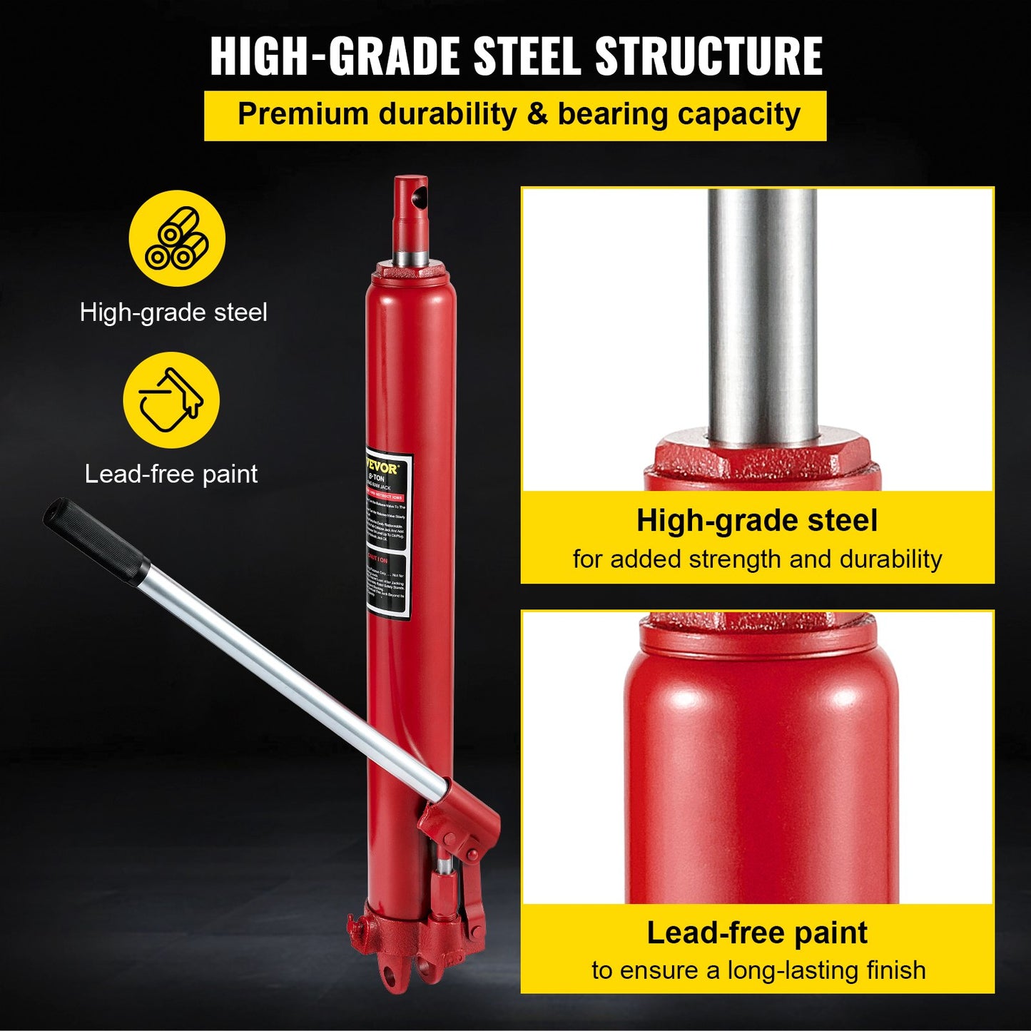 Hydraulic Long Ram Jack, 8 ton/17363 lbs capacity, with single piston pump and fork base, manual cherry picker with handle, for garage/workshop cranes, engine lift lift, red