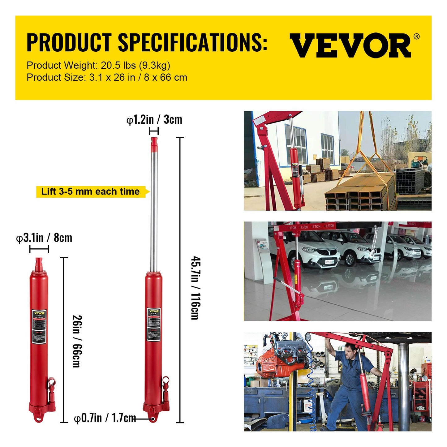 Hydraulic Long Ram Jack, 8 ton/17363 lbs capacity, with single piston pump and fork base, manual cherry picker with handle, for garage/workshop cranes, engine lift lift, red