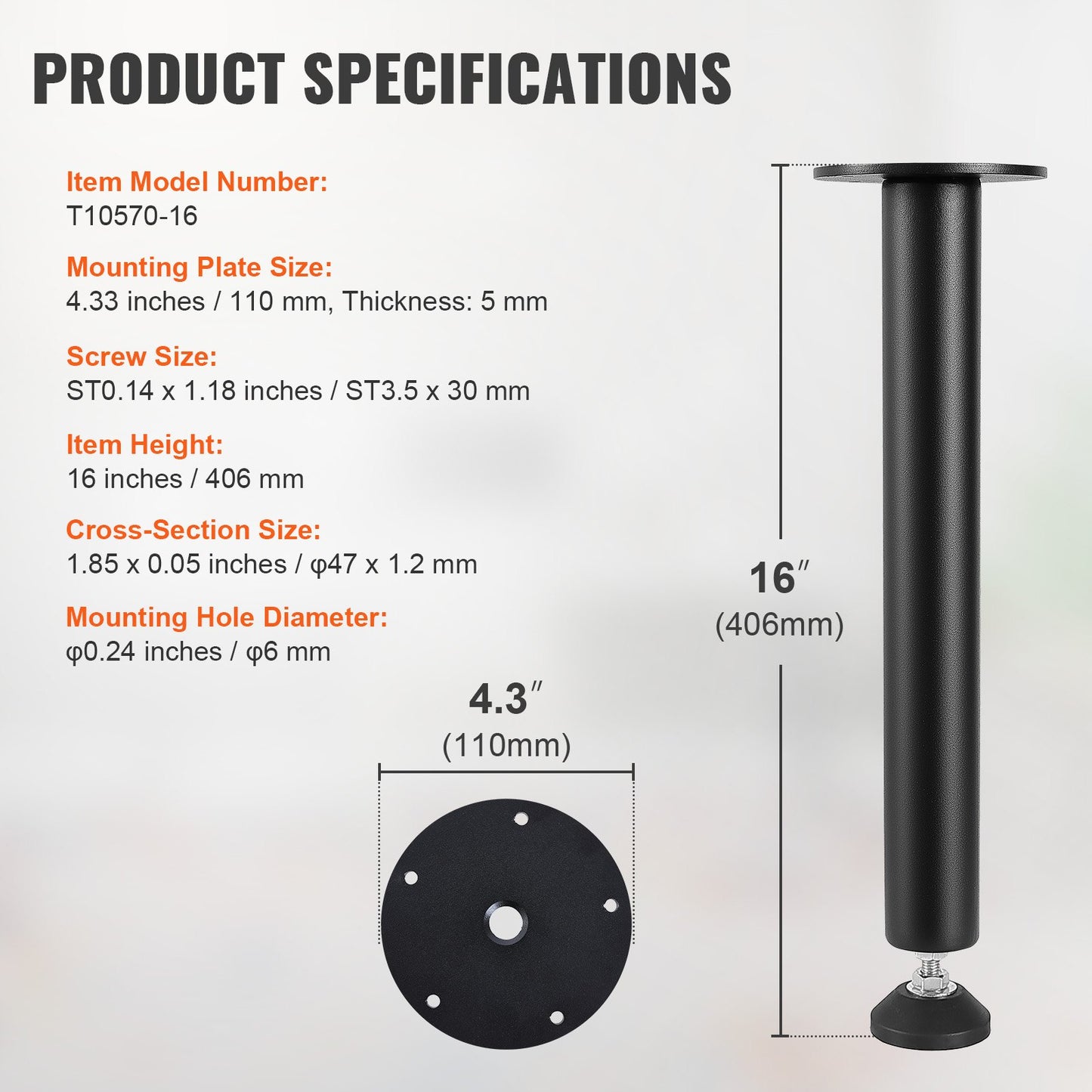 406,4 MM justerbara skrivbordsben, förstärkt stål kontorsbordsmöbler ben Set med 4 för gör-det-själv, 1200 lbs Lastkapacitet Heavy Duty skrivbordsben, snabbinstallationsben med justerbar fotkopp Svart