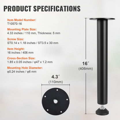 406,4 MM justerbara skrivbordsben, förstärkt stål kontorsbordsmöbler ben Set med 4 för gör-det-själv, 1200 lbs Lastkapacitet Heavy Duty skrivbordsben, snabbinstallationsben med justerbar fotkopp Svart