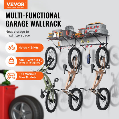 Bike Rack Wall Mounted Garage Bike Rack &amp; 2 Shelves for 4 Bikes