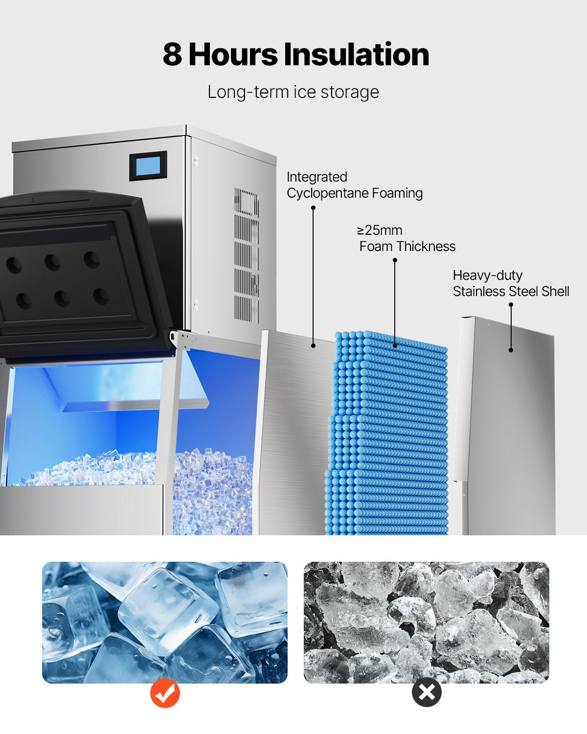 Commercial Ice Machine 550LBS/24H &amp; 250LBS Storage Bin Automatic Self-Cleaning