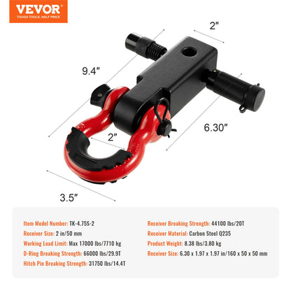 2" Trailer Shackle Hitch Mottagare D-Ring Recovery för Truck Jeep 66000 lbs