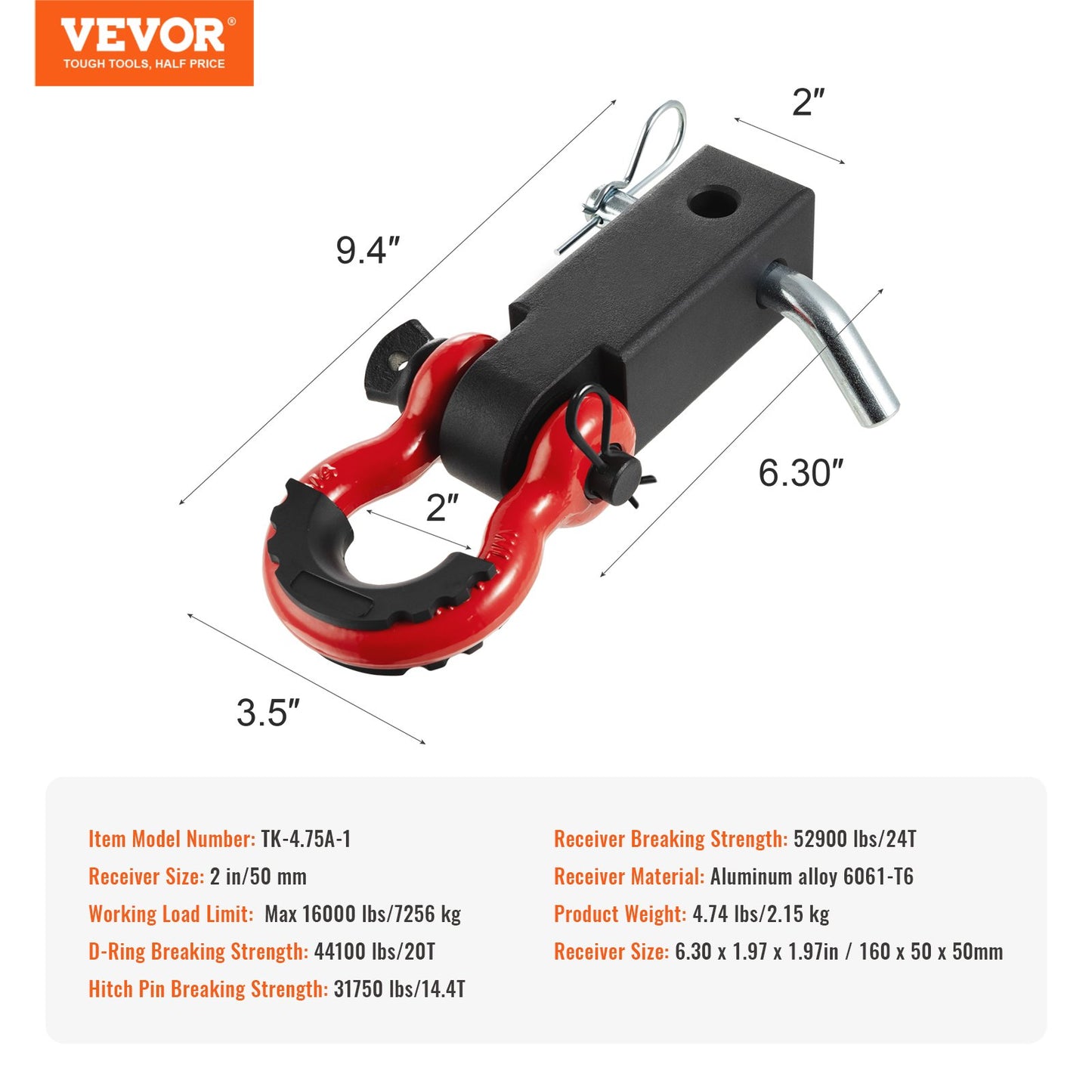 2" Trailer Shackle Hitch Mottagare D-Ring Recovery för Truck Jeep 52900 lbs