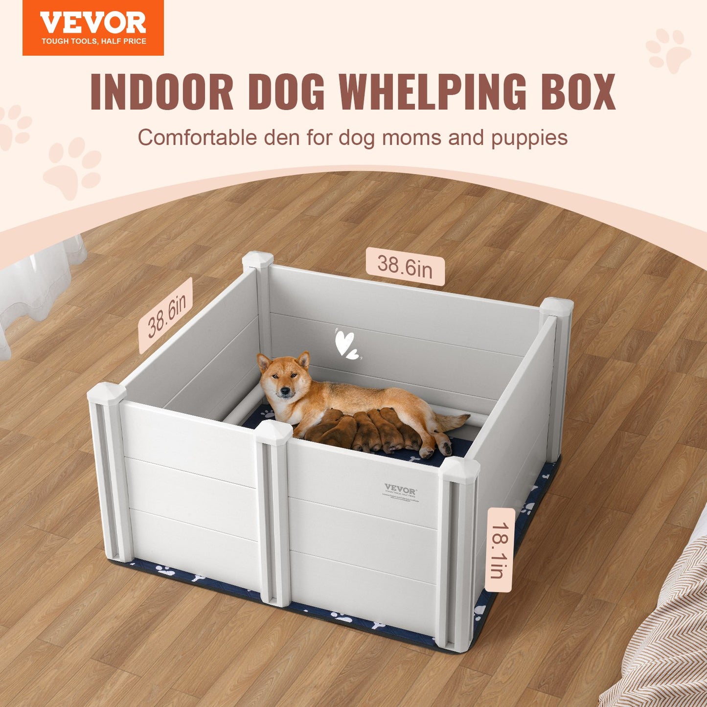 Dog Whelping Box 38.6x38.6x18.1 Inch PVC with Rails Pee Pad for Dogs Puppies