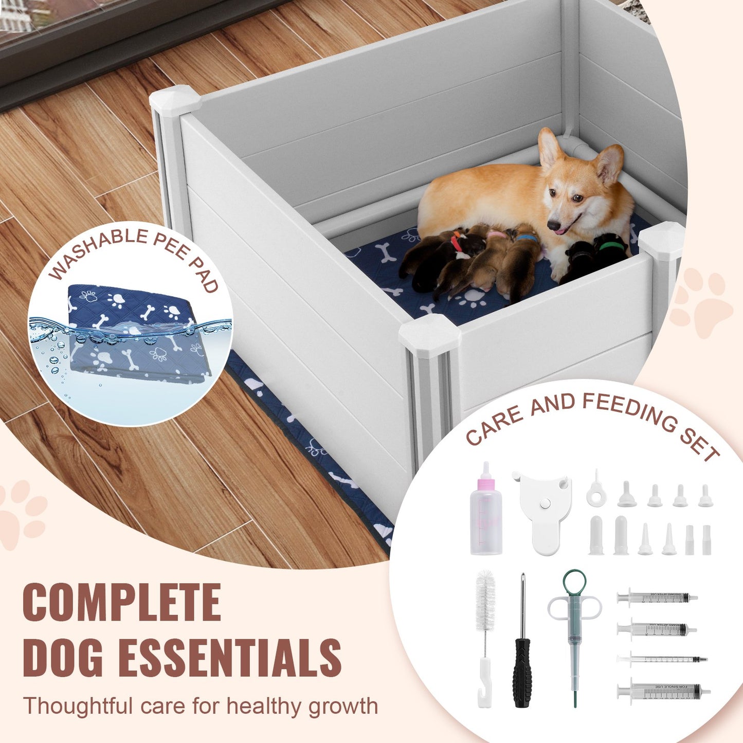 Dog Whelping Box 38.6x38.6x18.1 Inch PVC with Rails Pee Pad for Dogs Puppies