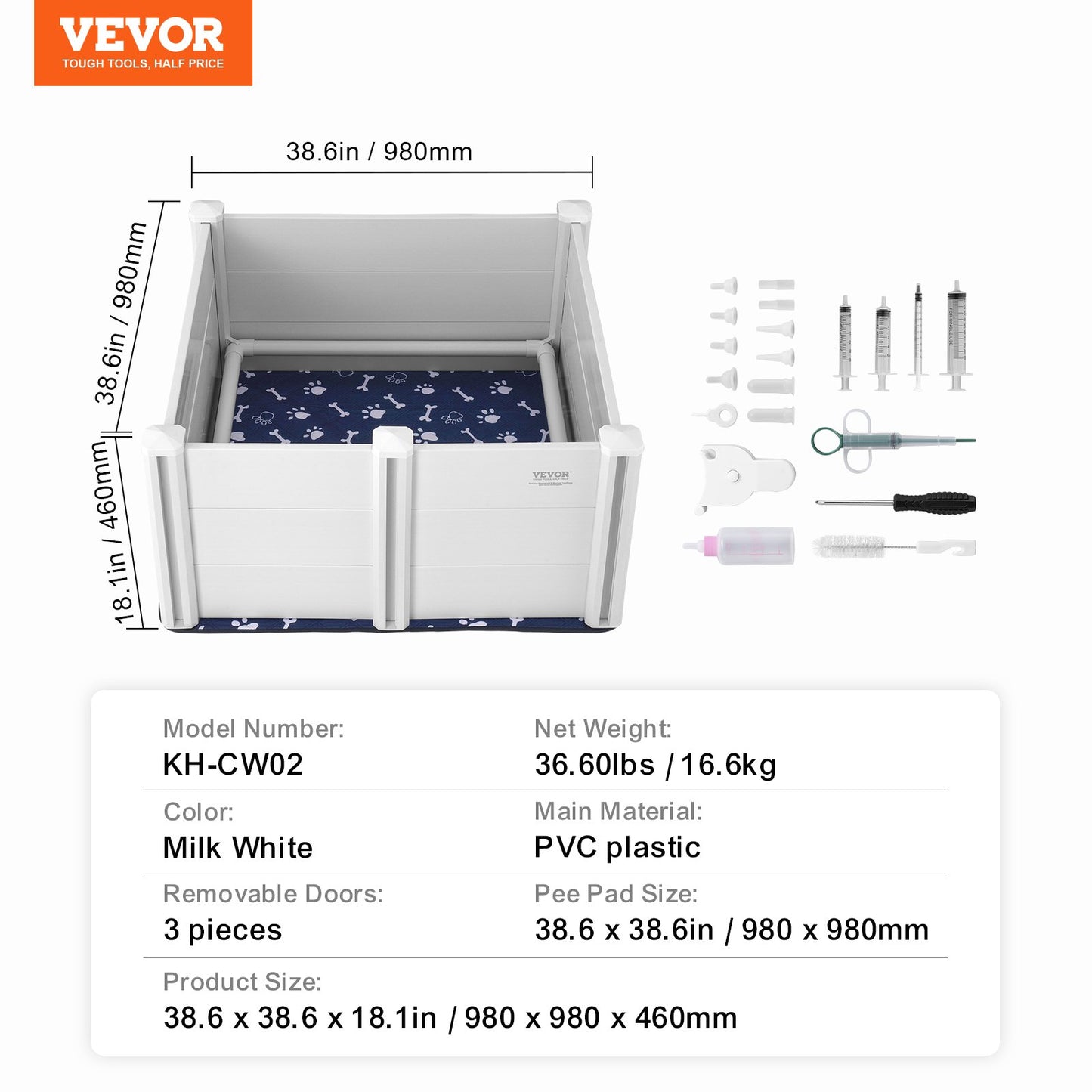 Dog Whelping Box 38.6x38.6x18.1 Inch PVC with Rails Pee Pad for Dogs Puppies
