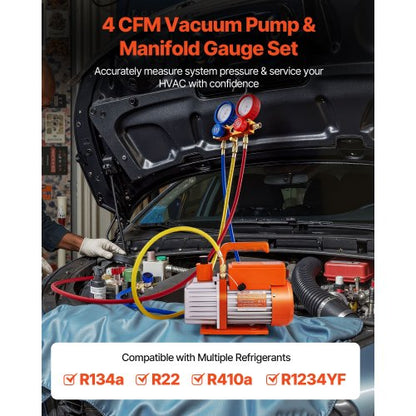 115 L/min AC vakuumpump och mätarsats, enstegs, roterande lamell HVAC luftvakuumpump, A/C köldmediumgrenrörsmätarsats, med läckagedetektor, bärväska, för R134a R22 R410a R1234YF köldmedium |  EU