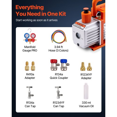 115 L/min AC vakuumpump och mätarsats, enstegs, roterande lamell HVAC luftvakuumpump, A/C köldmediumgrenrörsmätarsats, med läckagedetektor, bärväska, för R134a R22 R410a R1234YF köldmedium |  EU