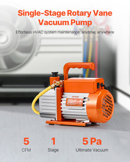 Vacuum Pump 5 CFM HVAC Single Stage Rotary Vane Vacuum Pump Oil Included