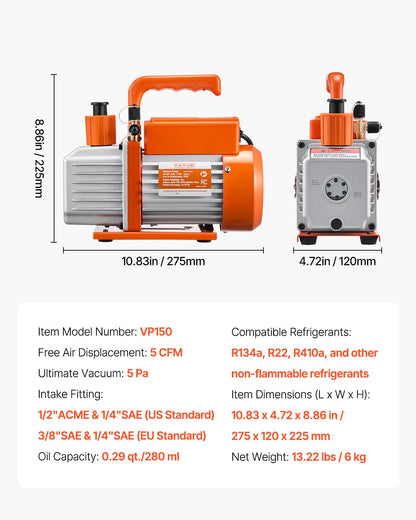 Vacuum Pump 5 CFM HVAC Single Stage Rotary Vane Vacuum Pump Oil Included