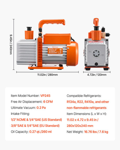 Vakuumpumpe 6 CFM HVAC 2-stufige Drehschieber-Vakuumpumpe, Öl enthalten