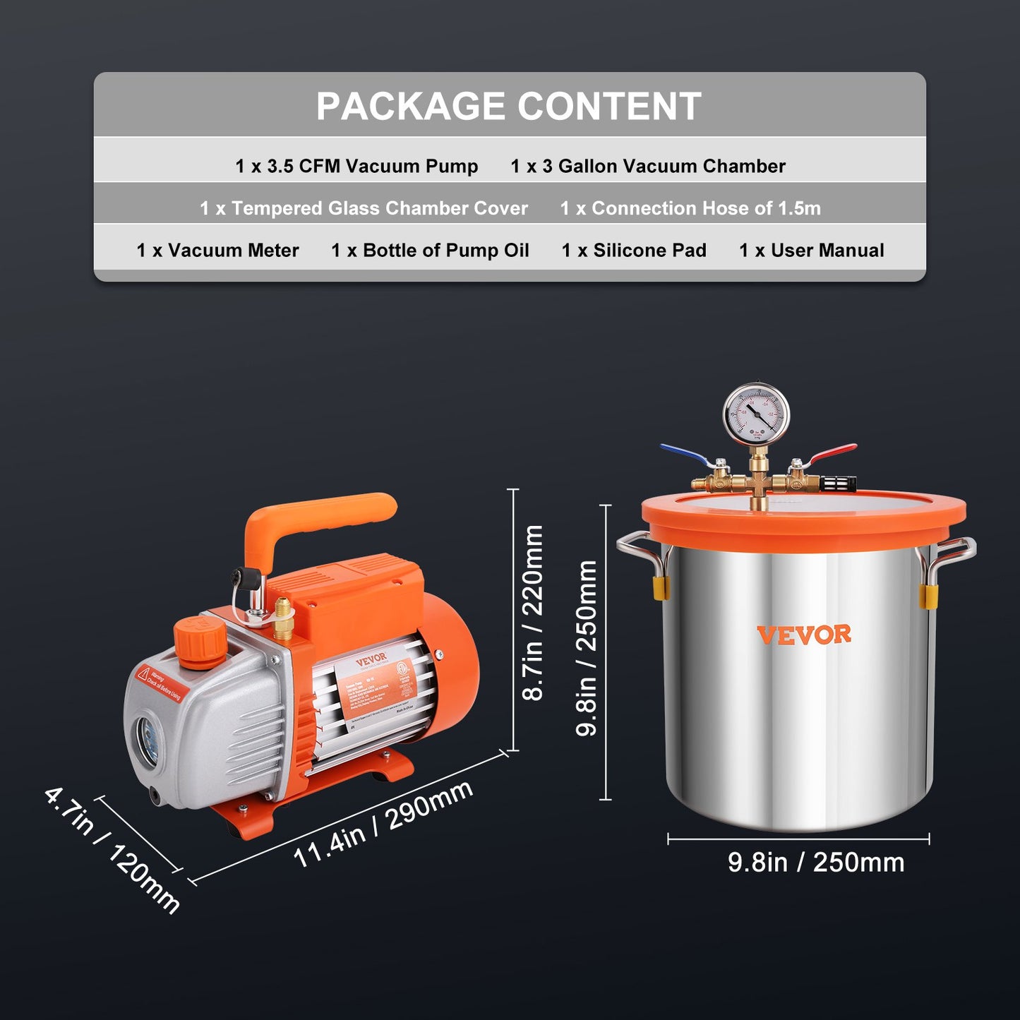 3 Gallon Vacuum Chamber and 3.5 CFM Pump Kit, Tempered Glass Lid Vacuum Degassing Chamber Kit, Single Stage Vacuum Pump with 250ml Oil Bottle, for Wood Stabilization, Degassing Silicones, Epoxies
