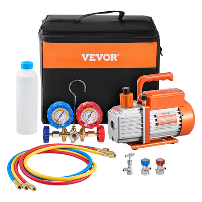 3,5 CFM HVAC einstufige Drehschieber-Vakuumpumpe und Verteiler-Messkit, kompatibel mit den Kältemitteln R134a, R22, R12 und R502