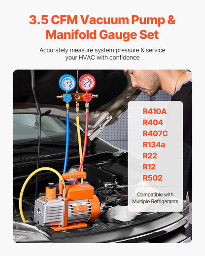 3.5 CFM HVAC single stage rotary vane vacuum pump and manifold gauge set compatible with R134a, R22, R12, R502, R502, R410A, R404 and R407C refrigerants